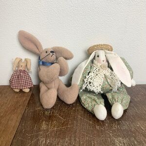 Bundle of 3 Spring Easter Bunny Rabbit Stuffed Felt Ceramic primitive decor‎